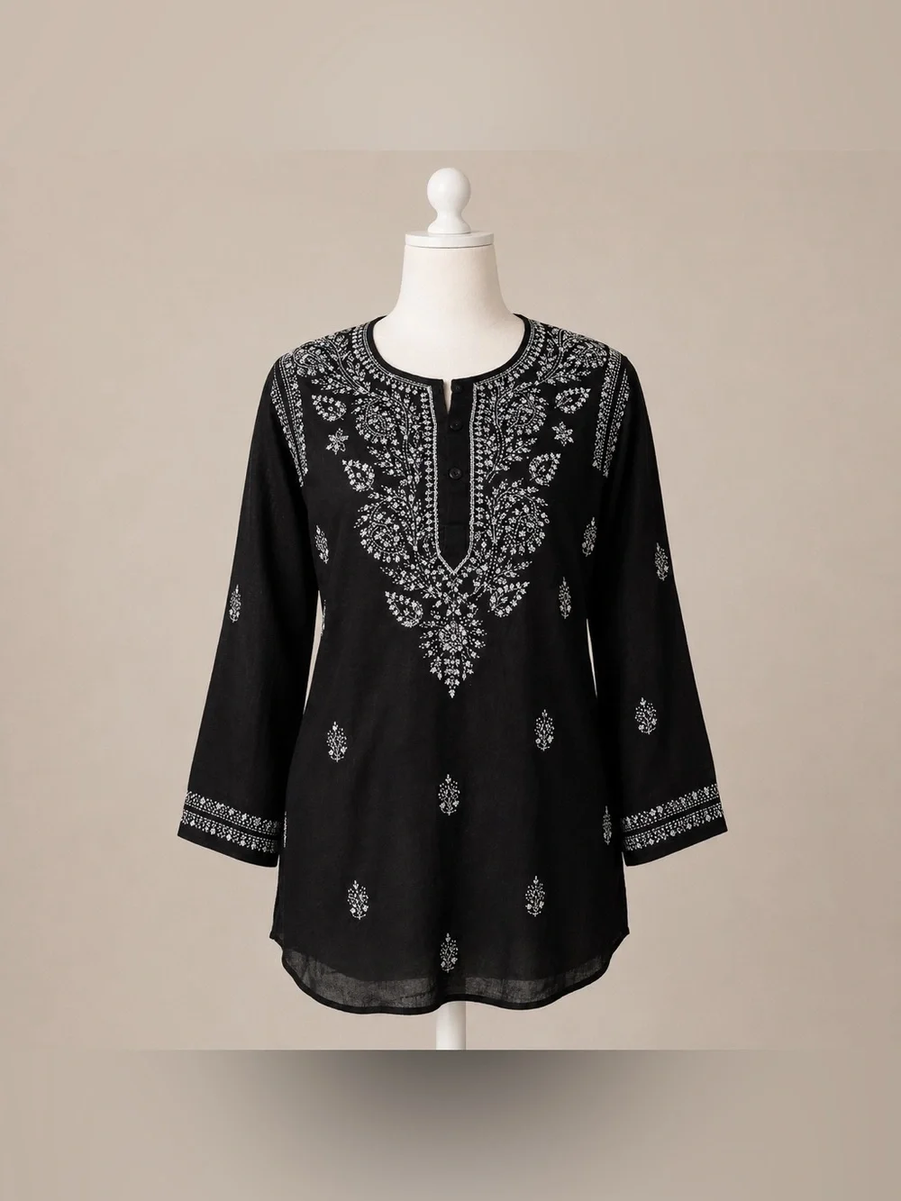 Sam Hilu Black Embroidered Tunic Top Boho India Cotton Medium - Picture 2 of 10